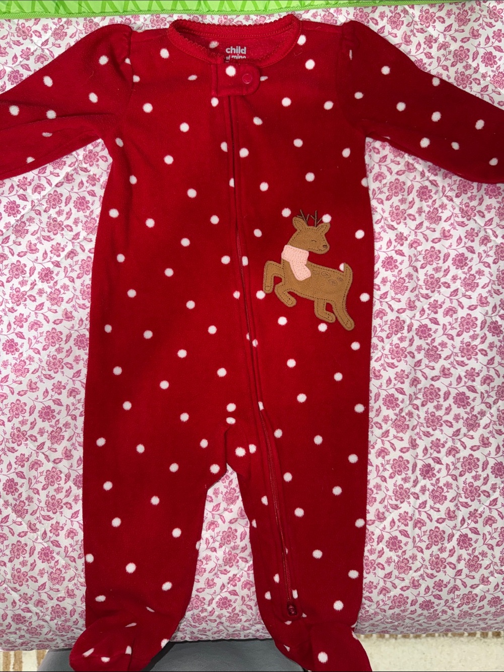 Child of Mine Red Polka Dot Reindeer Footed One-Piece 3-6M